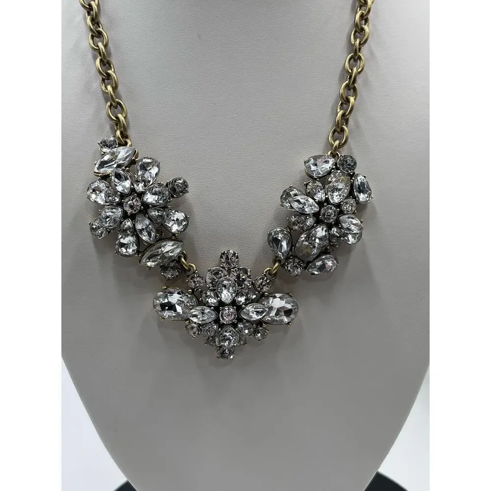 J. CREW Signed Crystal Rhinestone Gold Brass Tone Cluster Statement Necklace New